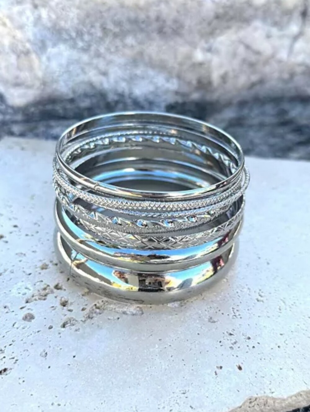 ADORNIA Sterling Silver Tone Bangle Bracelet Set - 8 Piece/ BNWT - Picture 3 of 4